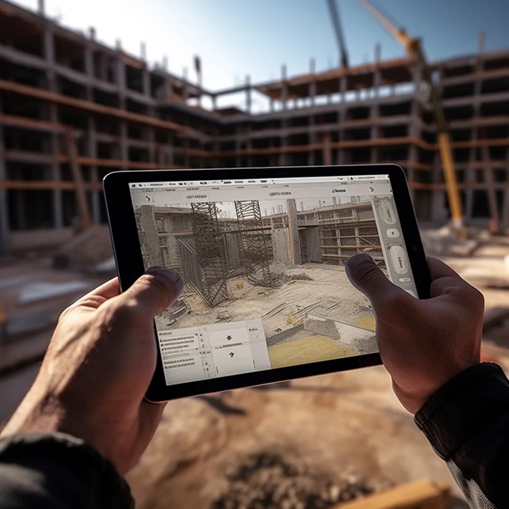 Construction manager reviewing a project on a tablet on site